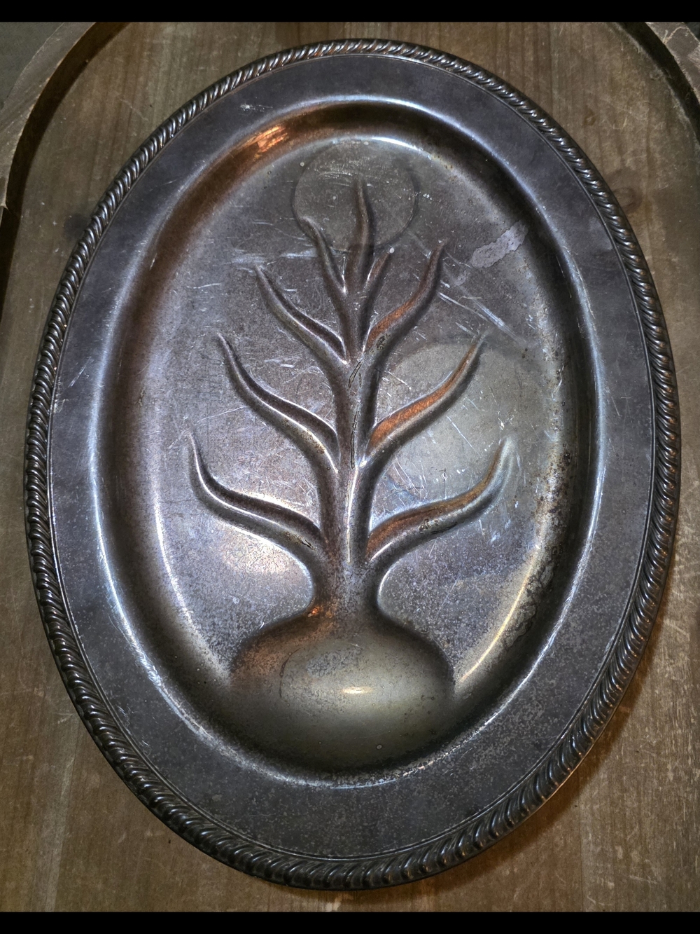 Silverplate Tree and Well Meat Platter with Feet Oval Design